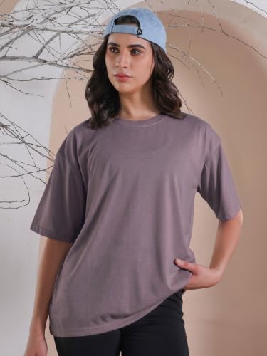 Image of CHKOKKO Oversized T-Shirt for Women Cotton Blend Soft Loose Fit Tshirt Top for Summer Half Sleeves Drop Shoulder Trendy Stylish Solid for Casual Streetwear, Outings or Travel