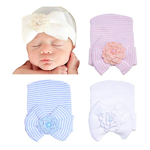 DRESHOW BQUBO 3/4 Pack Newborn Hospital Hat Infant Baby Hat Cap with Big Bow Soft Cute Knot Nursery Beanie