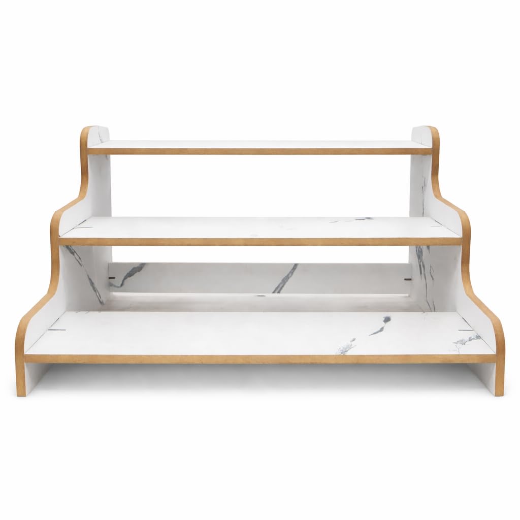 Privla 3 Tier Wooden Organizer Shelf | Multipurpose Countertop Storage Rack | Marble Finish Display Stand for Kitchen, Vanity, Office Desk & Home Decor | DIY Assemble Tool Kit Included (Pack of 1)