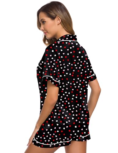 Image of SWOMOG Womens Silk Satin Pajamas Set Two-piece Pj Sets Sleepwear Loungewear Button-Down Pj Sets Heart Collage White Piping & Buttons Large