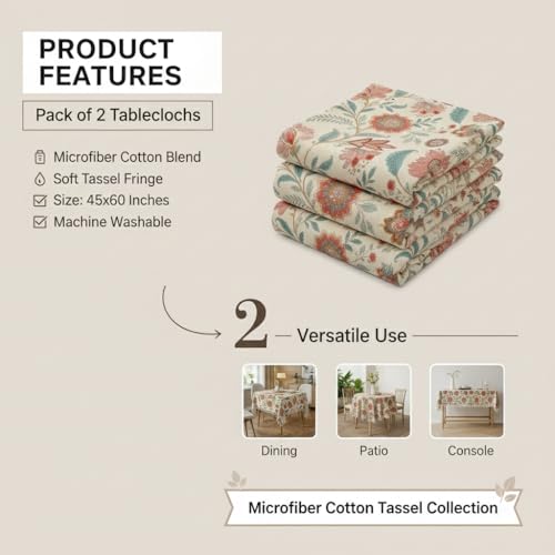 Image of Amazon Brand - Umi Microfiber Cotton Table Cloth Pack of 2 for 4-Seater Dining Table | 45 x 60 Inch Rectangular Printed Table Cover with Tassels | Washable, Durable,Reusable Dining Table Cover