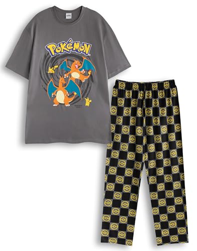 Pokémon Charizard & Pikachu Mens Grey Graphic Tee | Short Sleeve Crew Neck Top | Cartoon & Geometric Print Sleepwear Logo T-Shirt | Comfortable Casual Wear for Fans