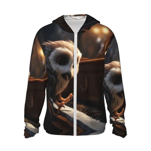 UPF 50+ Sun Protection Hoodie Rash Guard Long Sleeve Sun Shirt Owl Plays Piano UV Shirt Full Zip Jacket