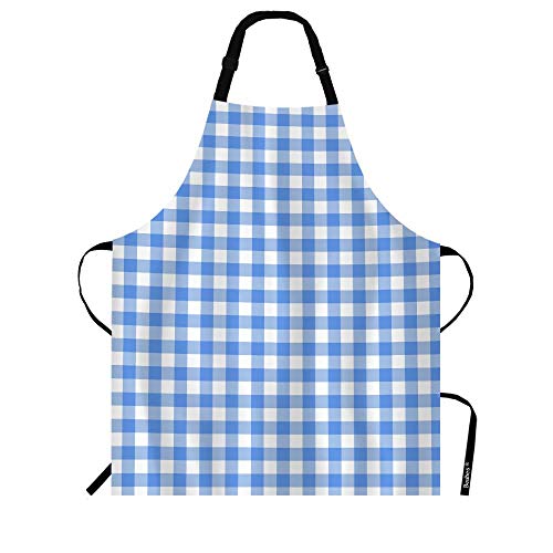 Beabes GVJ-APRON-MA065 Light Blue Checkered Tartan Kitchen Apron Traditional Blue White Gingham Pattern Cooking Bib Apron cover