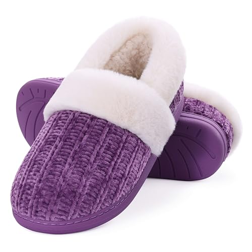 Evshine Women's Fuzzy Memory Foam Slippers, Closed Back Knit Bedroom Slippers, Slip-On Warm House Shoes for Indoor & Outdoor Comfort