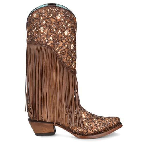 CORRAL LADIE'S HONEY LAMB OVERLAY & EMBROIDERY & FRINGES, SNIP TOE, LEATHER SOLE, WESTERN, C3876