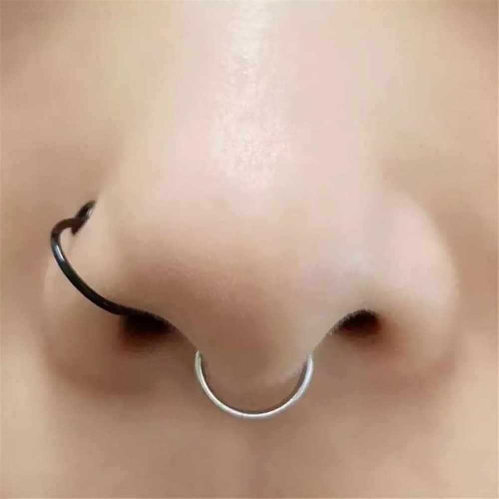 Black Surgical Steel Unisex Fake Faux Hoop Thin Septum Nose Ring Clip Stud No Piercing, Small, Stainless Steel, No Gemstone