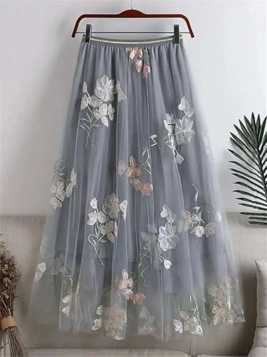 Women's Midi Skirt Vintage Weekend Travel Embroidered Double Gauze Elastic High Waist Long Skirts2