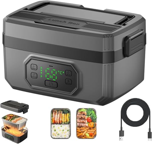 Cordless Insulated Electric Lunch Box, 21000mAh Cordless Heating Lunch Box 1.2 L Stainless Steel, Leakproof Portable Electric Food Warmer with 6 Temp & 8 Timer & Removable Tray Divider for Camping