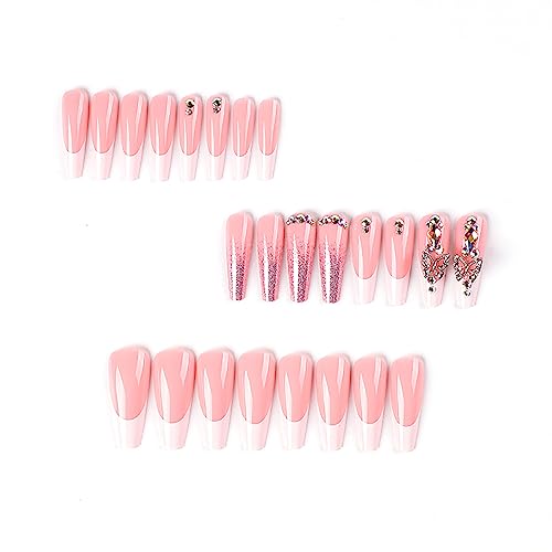 24 Pcs Press On Nails Long - French Tip Coffin Fake Nails - Full Cover Glossy White Purple Glitter Butterfly with Rhinestones Acrylic Nails Design Long Ballet False Nails Shape for Women and Girls