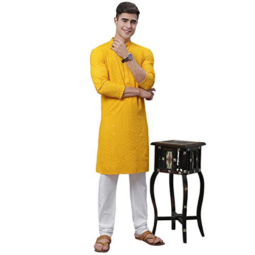 Image of SOJANYA (Since 1958 Men's Pure Cotton Blue Kurta with White Embroidery