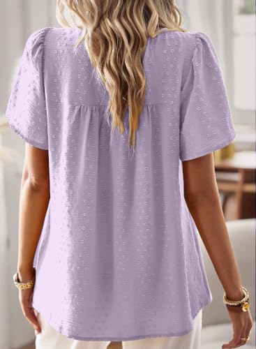 Image of Falechay Womens Summer Tops Flowy Boho Shirts Dressy Casual Short Sleeve | Crewneck Loose Fit Blouses, Hide Belly Fat, Lace Hem Ladies Tunic, Babydoll Crochet Clothes, Swiss Dot, Work, Vintage, XS-6XL