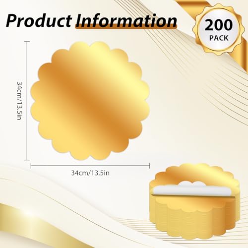 Stranthother 200 PCS Round Gold Scalloped Paper Placemats 13.5 inch Disposable Mirror Foil Decorative Place Mats Waterproof Bulk for Wedding Holiday Banquet Tea Party Christmas Dining Table Decor