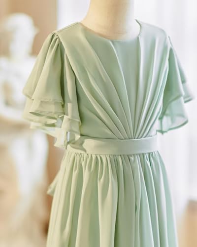 Ruffle Sleeves Junior Bridesmaid Dresses for Girls Ruched Long Formal Wedding Guest Dress with Bow Belt4