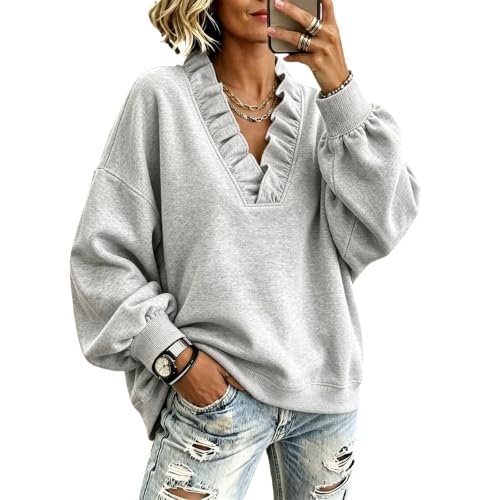 Elneeya V Neck Sweatshirt Women Oversized Ruffled Cute Fall Sweatshirt - image 1
