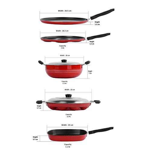 Image of Sumeet Aluminium 2.6mm Thick Non-Stick Rubrum Cookware Set (Dosa Tawa 26.5cm Dia + Multi Snack Maker 26.5cm Dia + Kadhai with Lid 1.5Ltr + Grill Appam Patra with Lid 23cm Dia + Grill Pan 1.1Ltr, Red)