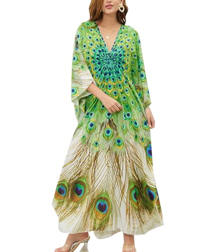 Tyidalin Damen Strandkleid Kaftan Maxi Lang Strand Kleid Bohemian Kimono Tunika Leicht Strand Übergröße (Farbe 02, Einheitsgröße)