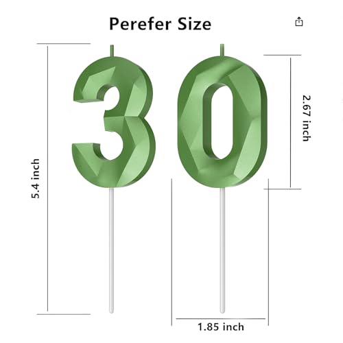 Number Birthday Candles(30 Candle Green) 3D Diamond Shape Number Happy Birthday Cake Candles for Birthday Party Wedding Decoration Reunions Theme Party