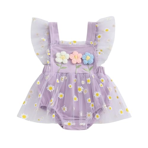 Image of One opening Newborn 3 6 9 12 18Months Baby Girl Romper Floral Daisy Tulle Lace Onesie Bodysuit Infant Girl Summer Clothes