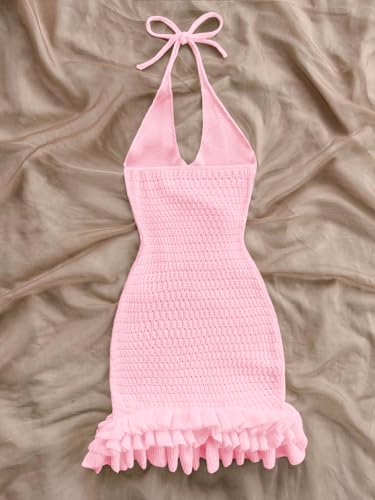 Image of GORGLITTER Women's Vacation Outfit Crochet Halter Knit Bubble Mini Dress Sexy Beach Cruise Summer Miami Resort Outfits