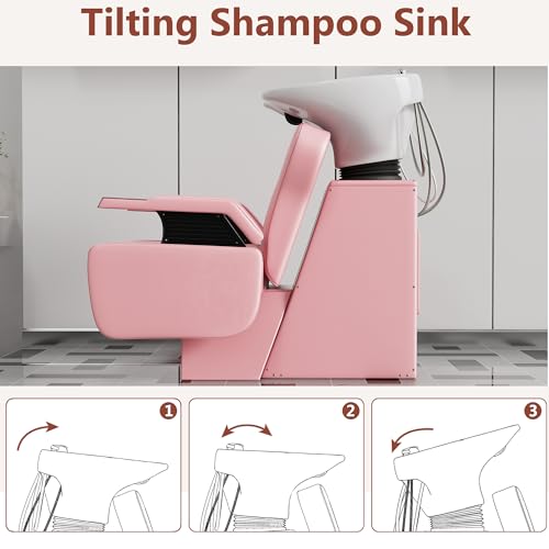 Image of Shampoo Backwash Unit, Barber Backwash Chair, Shampoo Bowl and Chair Set for Salon, Salon Hair Washing Station with Ceramic Shampoo Bowl (Pink)