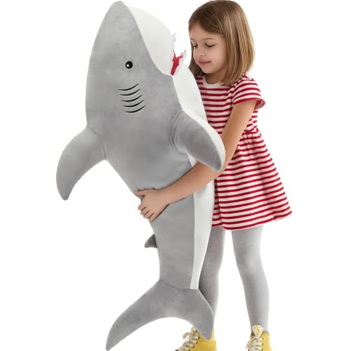 Image of MorisMos 39inch Giant Shark Stuffed Animal, Large Stuffed Shark Plush Toys Pillow Gift for Kids Girlfriend, Gray