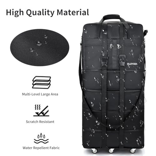 Expandable Foldable Luggage, 42'' Suitcase With Spinner Wheels, Rolling Duffle Bag with Wheels and Handle, Collapsible Luggage With 2 Handle Wrap and 2Fixing Straps1Shoulder Strap (Jet Black)4
