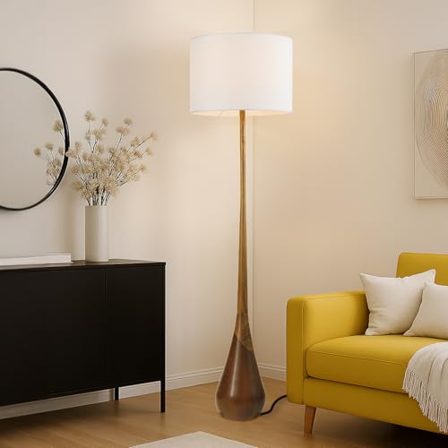Globe Electric Novogratz x Globe Harrington 65" Floor Lamp, 2-Tone Faux Wood Base, White Fabric Shade, Socket Rotary Switch 67225 - Image 4