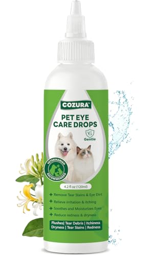 Cozura Dog Eye Drops for Allergies & Itching - Relief for Dry Red Eyes Tear Stain & Discharge Pet Eye Wash for Dogs & Cats - Gentle Sting-Free Pet Eye Cleaner 4.2 fl oz