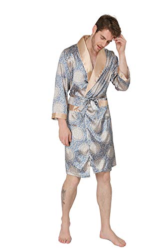 Mage Male Men's Summer Luxurious Kimono Soft Satin Robe With Shorts Nightgown Long-Sleeve Pajamas Printed Bathrobes Blue Gold #TOP2