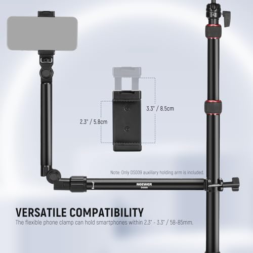 Image of NEEWER Overhead Camera Mount Arm with Phone Clip, 22 inch /56cm 180&360 2 Section Flexible Holding Arm for Desk Stand, Fits 0.87 inch-1.1 inch Tube, 5.5lb /2.5kg Max Load for Camera LED Ring Light Mic, DS009 | 22 inch /56cm Clamp on Flexible Holding Arm for Desk Stand, 180& 360 Adjustable Fits 0.87 inch-1.1 inch Tubes