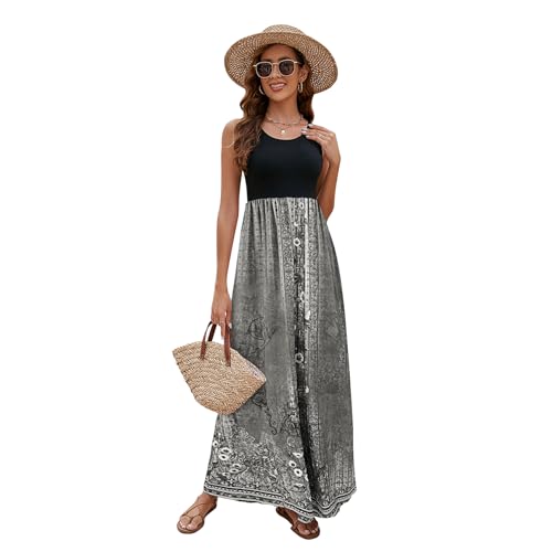 Image of Sherosa Women Boho Chevron Striped Floral Printed Summer Sleeveless Tank Long Maxi Party Dress