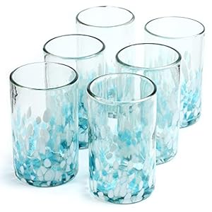 15 oz Hand Blown Mexican Drinking Glasses – Set of 6 tumblers, 15 fl oz each, Ocean Blue Confetti