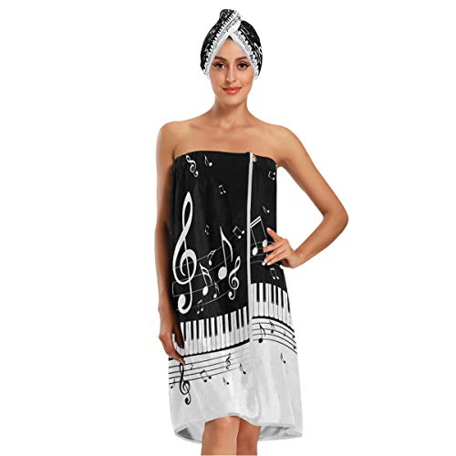 KEEPREA Women Microfiber Bath Towel Wrap with Dry Hair Towel & Headband, Adjustable Spa Shower Cover Up for Beach Spa Gym Bath Pool - Piano Keys Musical Notes