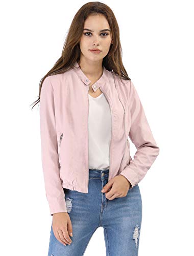 Allegra K Women's Lightweight Classic Casual Stand Collar Pocket Short Biker Moto Jacket Small Pink #TOP2