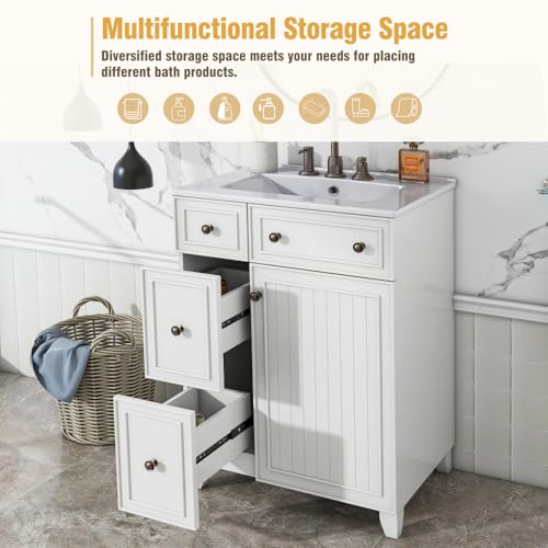 Image of 24 Inch Bathroom Vanity with Ceramic Sink, Freestanding Vanity Cabinet with 2 Drawers and 1 Door (White)
