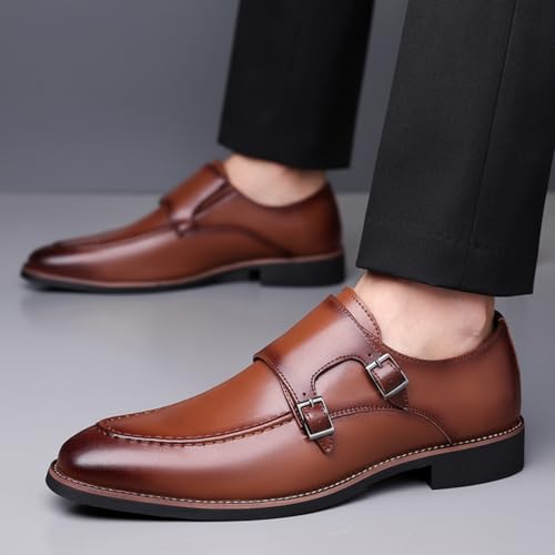 Mens Retro Leather Slip-On Double Strap Dress Monk Shoes Round Toe Chunky Heels Non-Slip Casual Comfortable Shoes for Work Office Dress Formal4