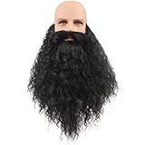 Honcloud 18 Inch Men's Long Curly Synthetic Pre - styled Realistic Fake Beard for Wizard Costume and Halloween Party (Black)