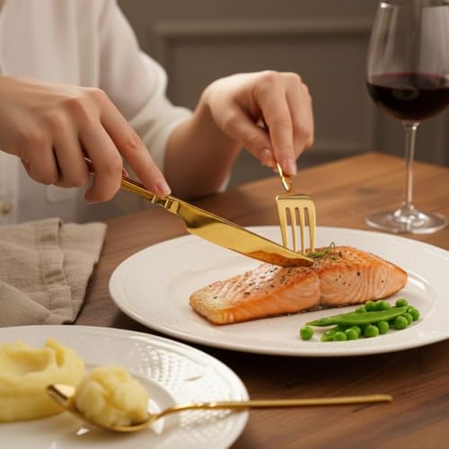 Image of 20 Pcs Gold Cutlery Set for Dining Table the Perfect Lightweight Silim Handle Tableware Including Dinner Spoon, Dinner Fork, Dinner Knife, Dessert Spoon & Dessert Fork