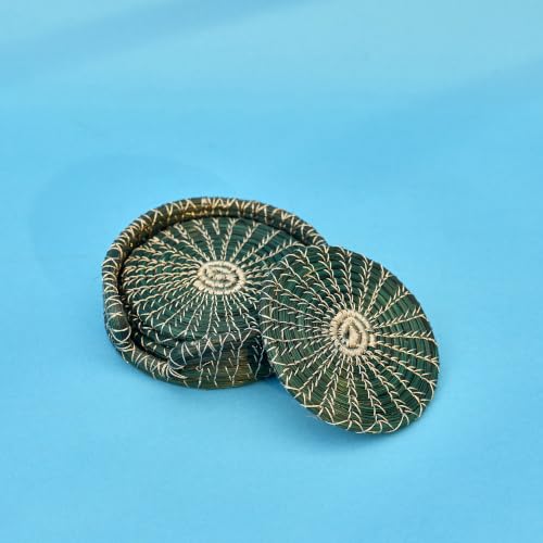 Image of Saras Aajeevika 4.5 Inch Set of 4 Handcrafted Pine Needle Round Coasters Green Natural Handmade Tea & Coffee Cup Coaster Set Table Protector Mats for Home, Office, Dining Table & Kitchen Decor