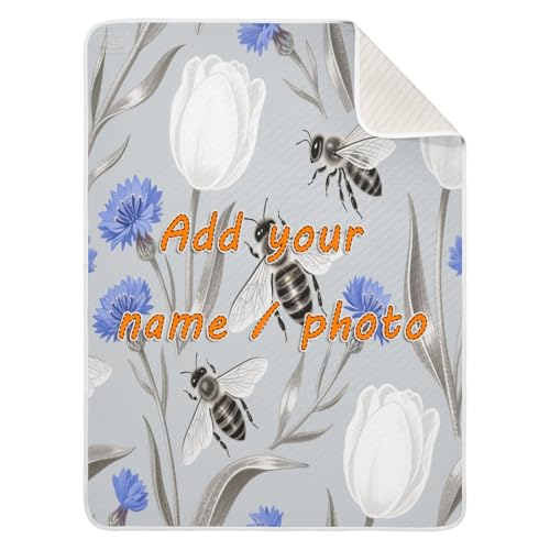 Custom Gray Purple Flower Bee Cotton Muslin Swaddle Blankets Breathable customised Text Baby Blanket for Newborns, Infants, & Toddlers 30x40in mantitas para