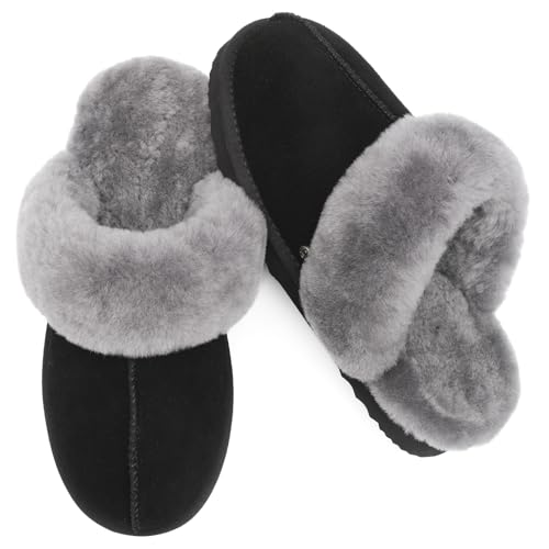 Parfeying Women's Shearling Slippers Genuine Leather with Rubber Sole, Sheepskin Fuzzy Indoor...