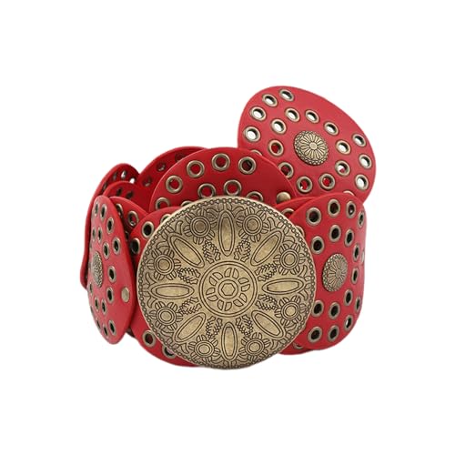 Belts for Women,Womens Leather Belt,Round Disc Hollowed PU Belt for Jeans Pants Waist Decors Large Eyelet Wide Belt for Jeans Shorts Women Waist Accessories(Red)3