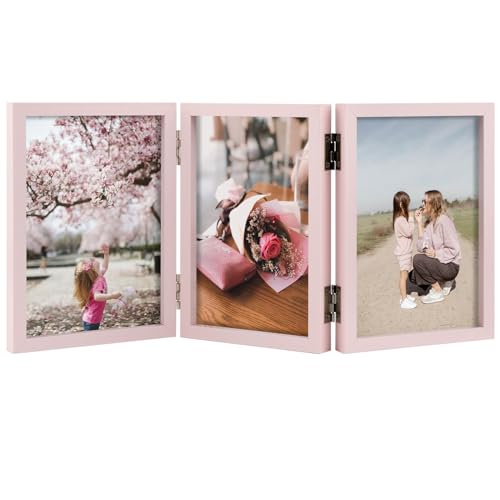Space Art Deco Triple 4x6 Picture Frame, 3 4x6 Folding Photo Frame, Standing Vertically on Desktop or Tabletop, Home Decorative Christmas, Pink