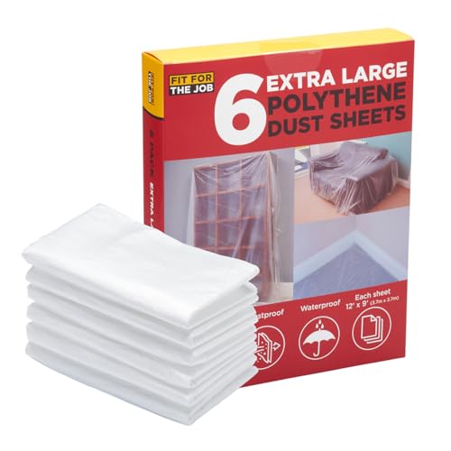 Fit For The Job 6 pack 12ft x 9ft (3.6m x 2.7m) Total 650 sqft Polythene Dust Sheets for Decorating Polythene Drop Cloth Dustproof & Waterproof for Protecting Floors & Furniture When Painting