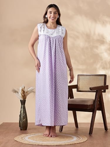 Image of 9shines Label Cotton Sleeveless Nighty | All Over Print Maxi Night wear for Women | Full Length Night Gown Night Dress for Women Stylish (Cotton Sleeveless 25)