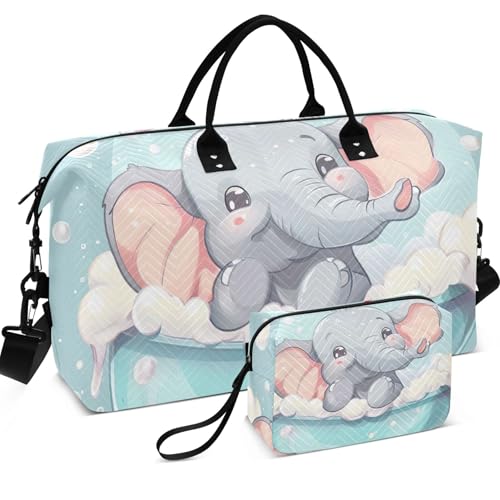 Cute Naughty Elephant Travel Duffel Bags Toiletry Bags Set of 2, Fun Gym Duffle Bag Carry on Bags for Airplanes