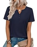 Zeagoo Casual Tops for Women Short Sleeve Henley Dress Shirt 2026 Summer Blouses Navy Blue