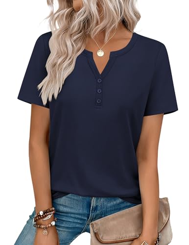Zeagoo Business Casual Outfits for Women Short Sleeve Summer Basic Tops V Neck Western Shirts Dressy Blouse Navy Blue