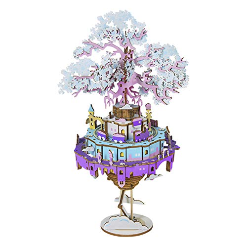 ROBOTIME 3D Wooden Puzzles for Adults DIY Music Box Model Kits to Build Colorful Rotating Craft Kits (City in The Sky)
